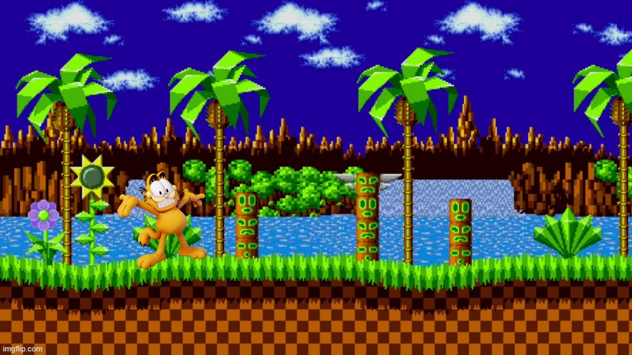 if garfield was in sonic the hedgehog | image tagged in green hill zone,garfield,sonic the hedgehog,parody,video games | made w/ Imgflip meme maker
