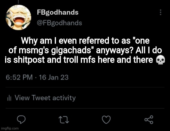 Idk | Why am I even referred to as "one of msmg's gigachads" anyways? All I do is shitpost and troll mfs here and there 💀 | image tagged in pie charts | made w/ Imgflip meme maker