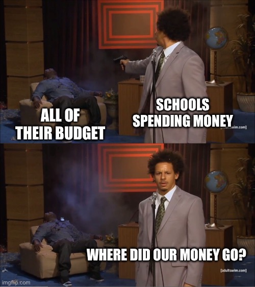 Bet they spend it on that mystery meat in the caf | SCHOOLS SPENDING MONEY; ALL OF THEIR BUDGET; WHERE DID OUR MONEY GO? | image tagged in memes,who killed hannibal | made w/ Imgflip meme maker
