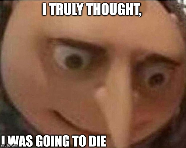 gru meme | I TRULY THOUGHT, I WAS GOING TO DIE | image tagged in gru meme | made w/ Imgflip meme maker