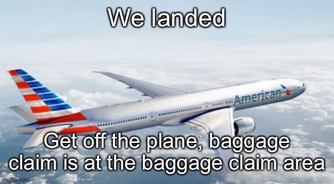 American Airlines Jet | We landed; Get off the plane, baggage claim is at the baggage claim area | image tagged in american airlines jet | made w/ Imgflip meme maker
