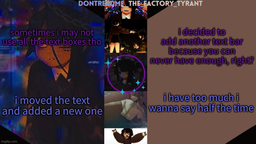 sometimes the title may be rendered useless tho ahah | i decided to add another text bar because you can never have enough, right? sometimes i may not use all the text boxes tho; i have too much i wanna say half the time; i moved the text and added a new one | image tagged in drm's tamari temp 3 | made w/ Imgflip meme maker