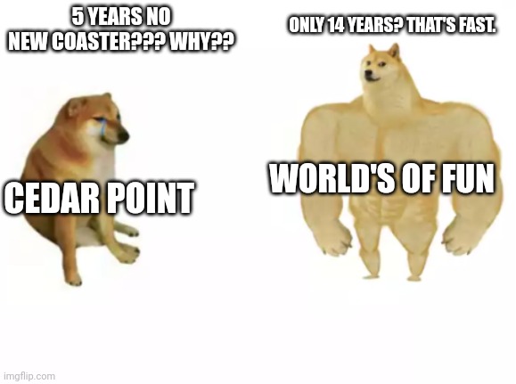 buff doge vs cheems reversed | ONLY 14 YEARS? THAT'S FAST. 5 YEARS NO NEW COASTER??? WHY?? WORLD'S OF FUN; CEDAR POINT | image tagged in buff doge vs cheems reversed,roller coaster | made w/ Imgflip meme maker