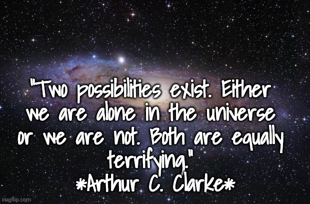 Alone or Not Alone | “Two possibilities exist. Either 
we are alone in the universe 
or we are not. Both are equally 
terrifying.” 
*Arthur C. Clarke* | image tagged in god religion universe | made w/ Imgflip meme maker