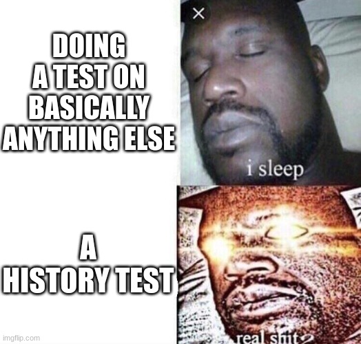 i sleep real shit | DOING A TEST ON BASICALLY ANYTHING ELSE; A HISTORY TEST | image tagged in i sleep real shit | made w/ Imgflip meme maker
