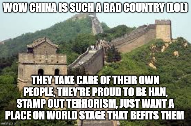 maybe usa can learn from them | WOW CHINA IS SUCH A BAD COUNTRY (LOL); THEY TAKE CARE OF THEIR OWN PEOPLE, THEY'RE PROUD TO BE HAN, STAMP OUT TERRORISM, JUST WANT A PLACE ON WORLD STAGE THAT BEFITS THEM | image tagged in great wall of china | made w/ Imgflip meme maker