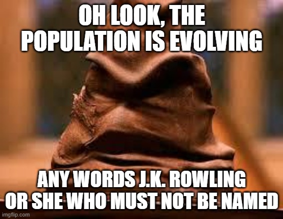 If harry potter took place during Generation Z | OH LOOK, THE POPULATION IS EVOLVING; ANY WORDS J.K. ROWLING OR SHE WHO MUST NOT BE NAMED | image tagged in harry potter sorting hat,gen z humor,gen z,harry potter,jk rowling | made w/ Imgflip meme maker