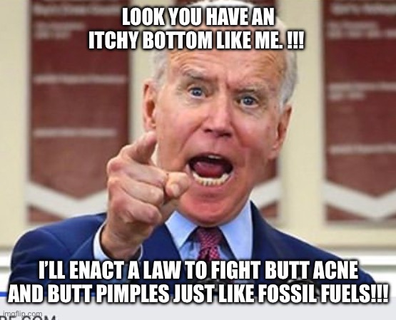 Joe Biden no malarkey | LOOK YOU HAVE AN ITCHY BOTTOM LIKE ME. !!! I’LL ENACT A LAW TO FIGHT BUTT ACNE AND BUTT PIMPLES JUST LIKE FOSSIL FUELS!!! | image tagged in joe biden no malarkey | made w/ Imgflip meme maker