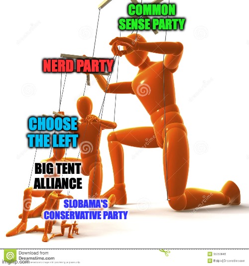 A part of our Common Sense Party family | COMMON SENSE PARTY; NERD PARTY; CHOOSE THE LEFT; BIG TENT ALLIANCE; SLOBAMA'S CONSERVATIVE PARTY | image tagged in puppet hierarchy,common sense party,nerd party,choose the left,big tent alliance,conservative party | made w/ Imgflip meme maker