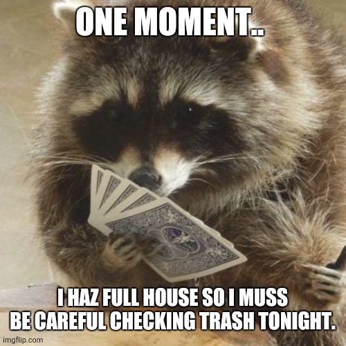 ONE MOMENT.. I HAZ FULL HOUSE SO I MUSS BE CAREFUL CHECKING TRASH TONIGHT. | made w/ Imgflip meme maker