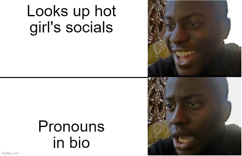 From a 10 to a 6 | Looks up hot girl's socials; Pronouns in bio | image tagged in disappointed black guy | made w/ Imgflip meme maker