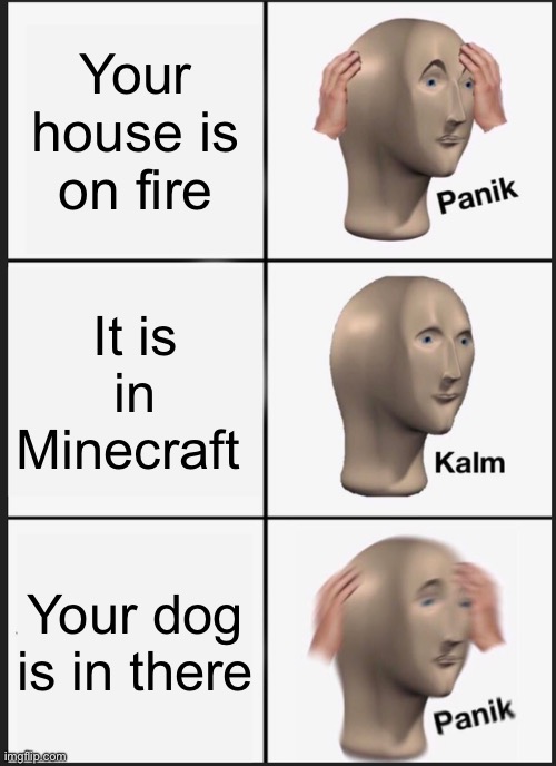 Panik Kalm Panik Meme | Your house is on fire; It is in Minecraft; Your dog is in there | image tagged in memes,panik kalm panik | made w/ Imgflip meme maker