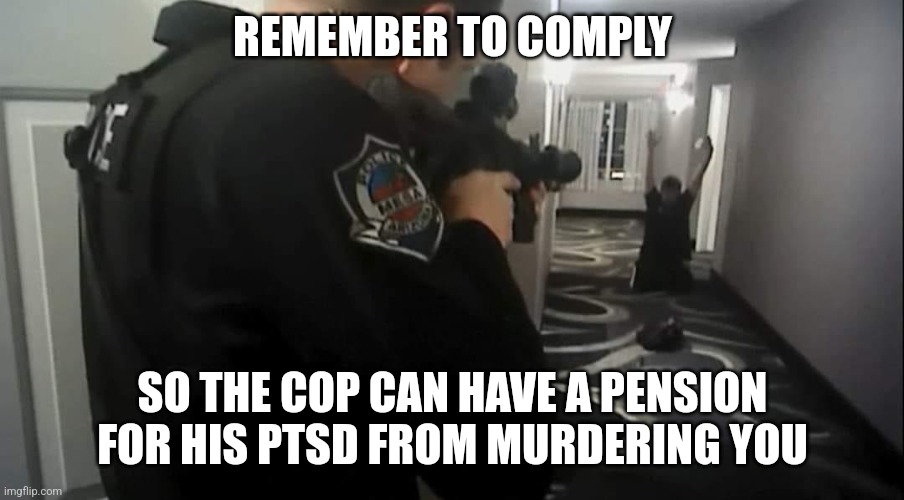 Daniel Shaver | REMEMBER TO COMPLY SO THE COP CAN HAVE A PENSION FOR HIS PTSD FROM MURDERING YOU | image tagged in daniel shaver | made w/ Imgflip meme maker
