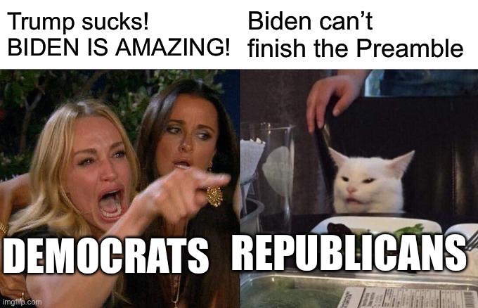 Woman Yelling At Cat Meme | Trump sucks! BIDEN IS AMAZING! Biden can’t finish the Preamble; REPUBLICANS; DEMOCRATS | image tagged in memes,woman yelling at cat | made w/ Imgflip meme maker