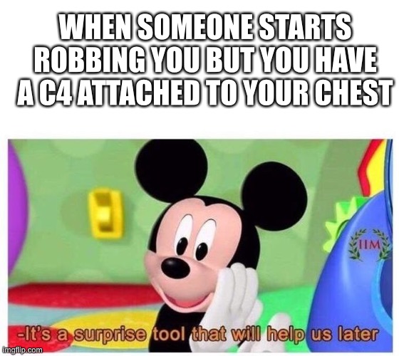 C4 | WHEN SOMEONE STARTS ROBBING YOU BUT YOU HAVE A C4 ATTACHED TO YOUR CHEST | image tagged in it's a surprise tool that will help us later,dark humor | made w/ Imgflip meme maker