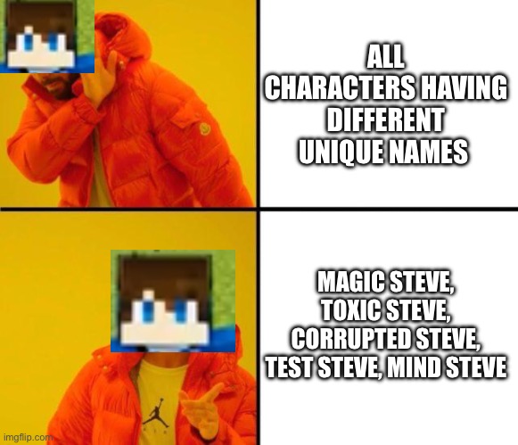 Scary survival names |  ALL CHARACTERS HAVING DIFFERENT UNIQUE NAMES; MAGIC STEVE, TOXIC STEVE, CORRUPTED STEVE, TEST STEVE, MIND STEVE | image tagged in drake meme | made w/ Imgflip meme maker