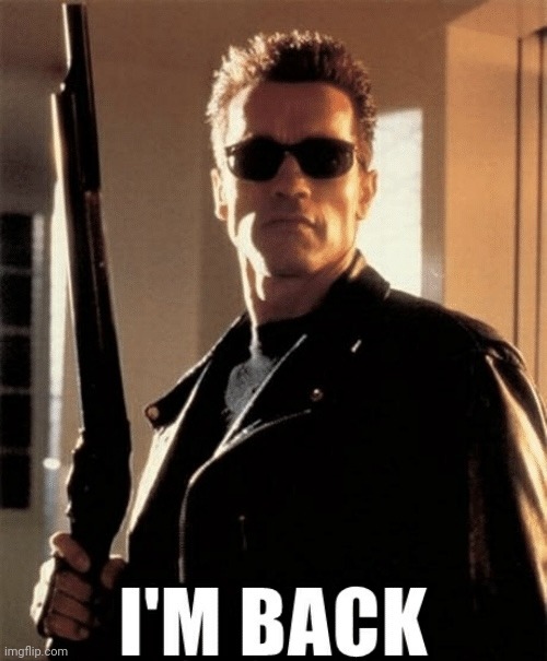 I'm back | image tagged in terminator i'm back | made w/ Imgflip meme maker