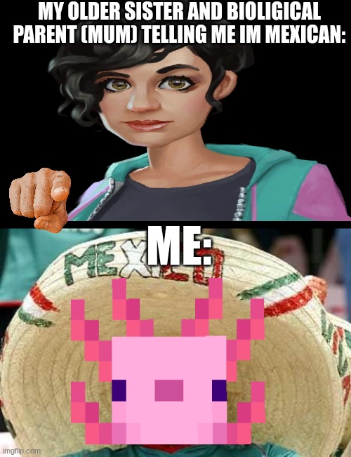 I AM A MAN OF MANY COLORS >:) | MY OLDER SISTER AND BIOLIGICAL PARENT (MUM) TELLING ME IM MEXICAN:; ME: | image tagged in mexico,bababababbabababababa,mexican music starts | made w/ Imgflip meme maker