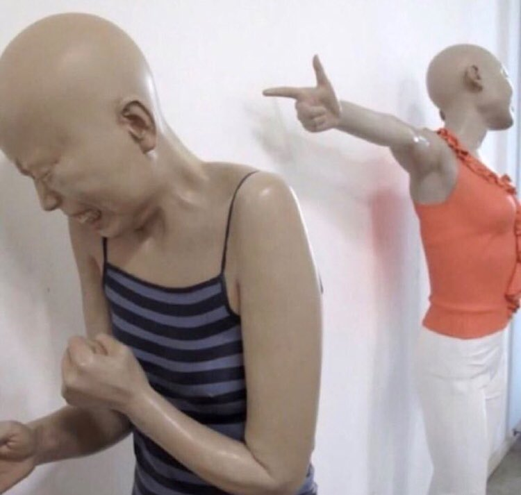 Mannequin pointing at crying mannequin Blank Meme Template