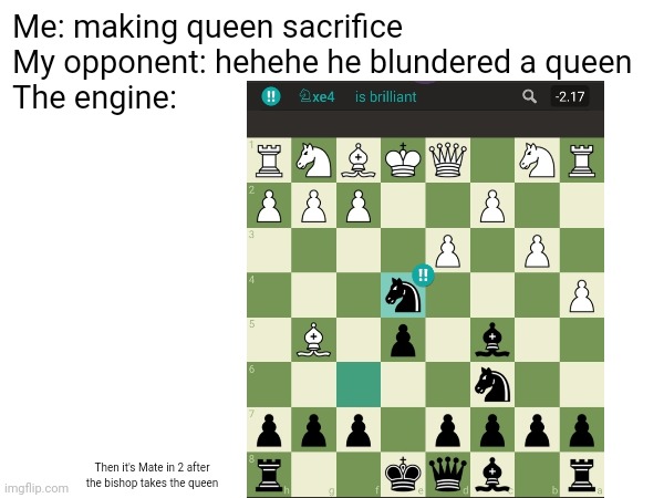 Brilliant move | Me: making queen sacrifice
My opponent: hehehe he blundered a queen
The engine:; Then it's Mate in 2 after the bishop takes the queen | image tagged in chess | made w/ Imgflip meme maker