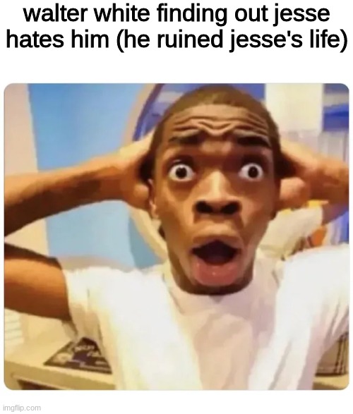 Black guy suprised | walter white finding out jesse hates him (he ruined jesse's life) | image tagged in black guy suprised | made w/ Imgflip meme maker