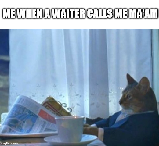 relatable? anyone? | ME WHEN A WAITER CALLS ME MA'AM | image tagged in memes,i should buy a boat cat | made w/ Imgflip meme maker