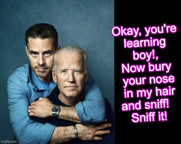 [warning: contains olfactory satire] | Okay, you're
learning
 boy!, 
Now bury
 your nose
 in my hair and sniff!  
Sniff it! | image tagged in joe and hunter biden,sniff | made w/ Imgflip meme maker
