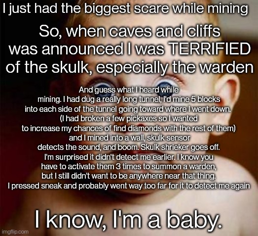 Go ahead, make fun of me. I'm still not going anywhere near that thing. | I just had the biggest scare while mining; So, when caves and cliffs was announced I was TERRIFIED of the skulk, especially the warden; And guess what I heard while mining. I had dug a really long tunnel, I'd mine 5 blocks into each side of the tunnel going toward where I went down. 
(I had broken a few pickaxes so I wanted to increase my chances of find diamonds with the rest of them)
 and I mined into a wall, skulk sensor detects the sound, and boom. Skulk shrieker goes off. I'm surprised it didn't detect me earlier. I know you have to activate them 3 times to summon a warden, but I still didn't want to be anywhere near that thing. I pressed sneak and probably went way too far for it to detect me again; I know, I'm a baby. | image tagged in scared baby | made w/ Imgflip meme maker