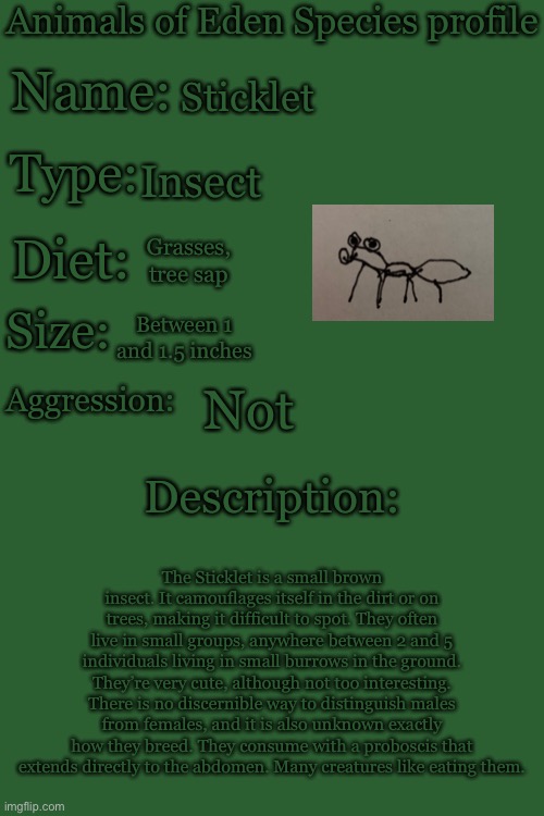 Animals of Eden Species Profile | Sticklet; Insect; Grasses, tree sap; Between 1 and 1.5 inches; Not; The Sticklet is a small brown insect. It camouflages itself in the dirt or on trees, making it difficult to spot. They often live in small groups, anywhere between 2 and 5 individuals living in small burrows in the ground. They’re very cute, although not too interesting. There is no discernible way to distinguish males from females, and it is also unknown exactly how they breed. They consume with a proboscis that extends directly to the abdomen. Many creatures like eating them. | image tagged in animals of eden species profile | made w/ Imgflip meme maker