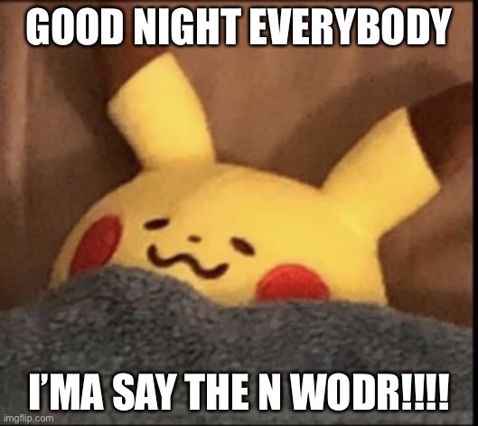 AAAAA | GOOD NIGHT EVERYBODY; I’MA SAY THE N WODR!!!! | image tagged in pikachu sleep | made w/ Imgflip meme maker