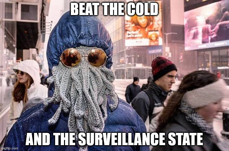 Give a face recognition system nightmares | BEAT THE COLD; AND THE SURVEILLANCE STATE | image tagged in mask | made w/ Imgflip meme maker
