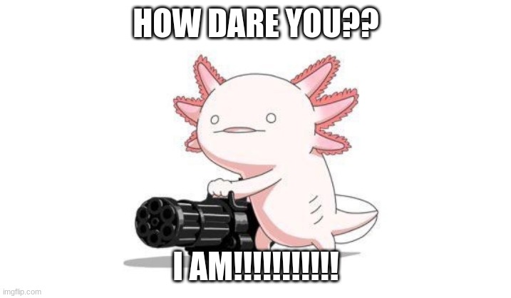 Axolotl gun | HOW DARE YOU?? I AM!!!!!!!!!!! | image tagged in axolotl gun | made w/ Imgflip meme maker