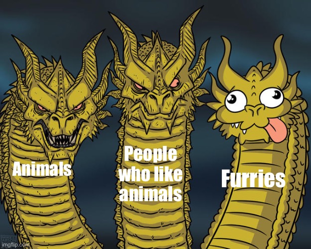 Three-headed Dragon | People who like animals; Animals; Furries | image tagged in three-headed dragon | made w/ Imgflip meme maker