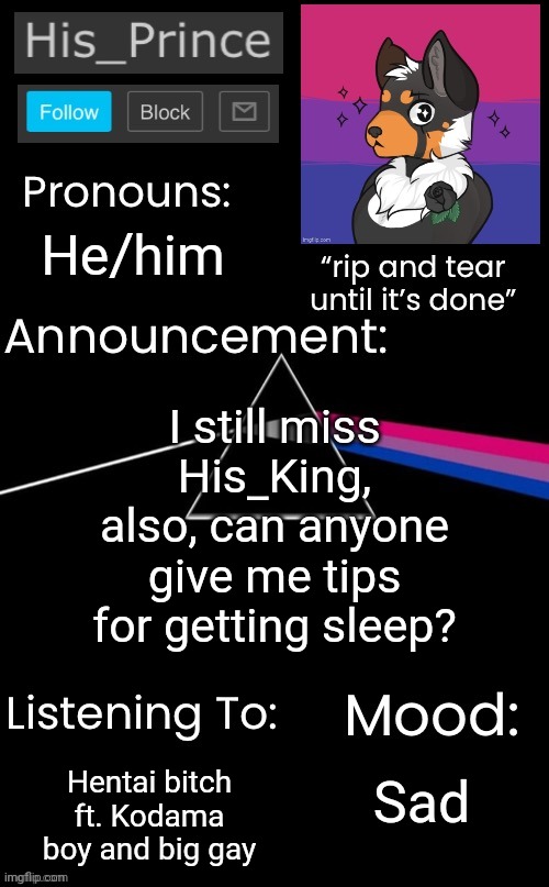 He/him; I still miss His_King, also, can anyone give me tips for getting sleep? Hentai bitch ft. Kodama boy and big gay; Sad | image tagged in his_prince s announcement temp | made w/ Imgflip meme maker