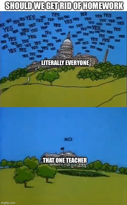 Bill | SHOULD WE GET RID OF HOMEWORK; LITERALLY EVERYONE; THAT ONE TEACHER | image tagged in blank white template | made w/ Imgflip meme maker