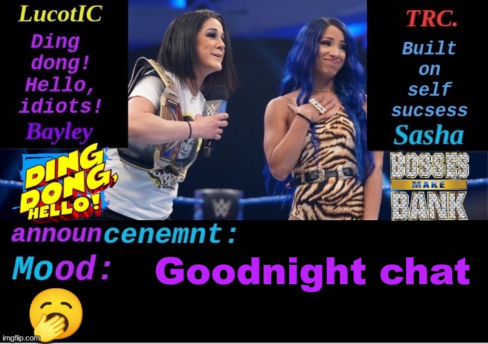 LucotIC and TRC: Boss 'n' Hug Connection DUO announcement temp | Goodnight chat; 🥱 | image tagged in lucotic and trc boss 'n' hug connection duo announcement temp | made w/ Imgflip meme maker
