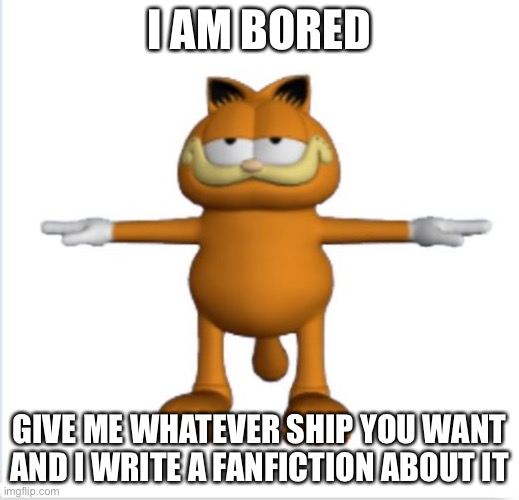 garfield t-pose | I AM BORED; GIVE ME WHATEVER SHIP YOU WANT AND I WRITE A FANFICTION ABOUT IT | image tagged in garfield t-pose | made w/ Imgflip meme maker