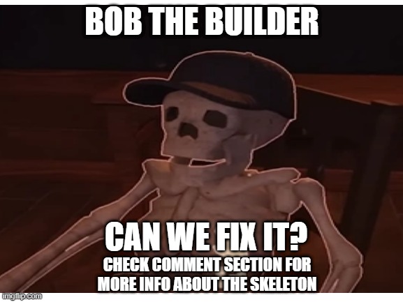 Check the comment section or I'll send you to Figure | BOB THE BUILDER; CAN WE FIX IT? CHECK COMMENT SECTION FOR MORE INFO ABOUT THE SKELETON | image tagged in bob the builder,skeleton | made w/ Imgflip meme maker