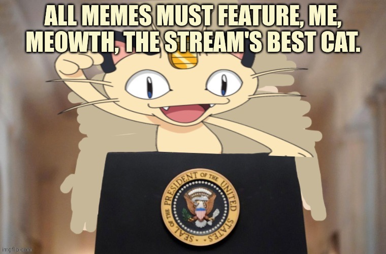 Meowth party | ALL MEMES MUST FEATURE, ME, MEOWTH, THE STREAM'S BEST CAT. | image tagged in meowth party | made w/ Imgflip meme maker