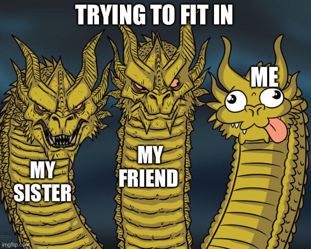 Three-headed Dragon | TRYING TO FIT IN; ME; MY FRIEND; MY SISTER | image tagged in three-headed dragon | made w/ Imgflip meme maker