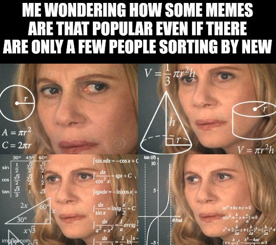You're a Chad if you do "sort by new" sessions | ME WONDERING HOW SOME MEMES ARE THAT POPULAR EVEN IF THERE ARE ONLY A FEW PEOPLE SORTING BY NEW | image tagged in calculating meme | made w/ Imgflip meme maker
