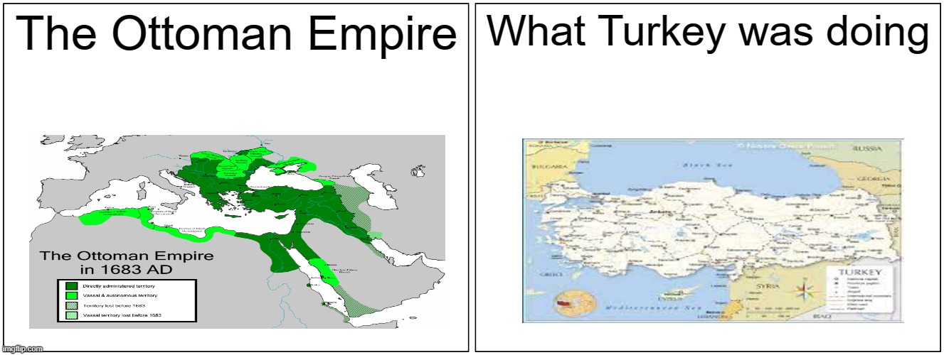 It was their own country | The Ottoman Empire; What Turkey was doing | image tagged in memes,blank comic panel 2x1 | made w/ Imgflip meme maker