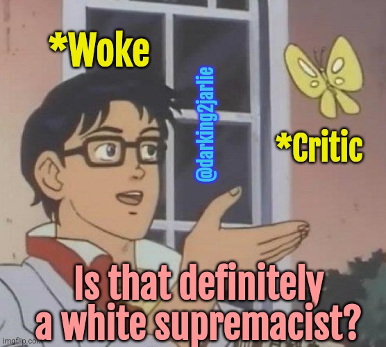 Woke Logic | *Woke; @darking2jarlie; *Critic; Is that definitely a white supremacist? | image tagged in memes,is this a pigeon,woke,liberals,liberal logic | made w/ Imgflip meme maker