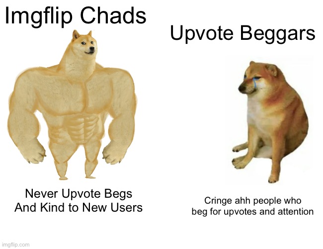 Dont Upvote Beg. | Imgflip Chads; Upvote Beggars; Cringe ahh people who beg for upvotes and attention; Never Upvote Begs And Kind to New Users | image tagged in memes,buff doge vs cheems,upvotebeggingsucks | made w/ Imgflip meme maker