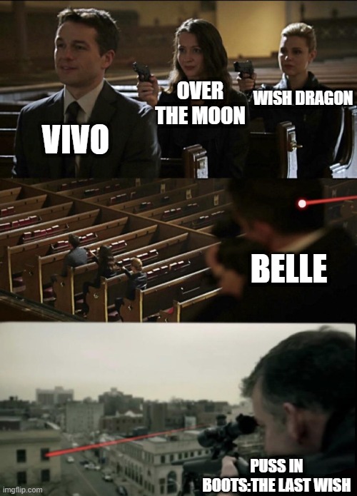 Disney vs Dreamworks | WISH DRAGON; OVER THE MOON; VIVO; BELLE; PUSS IN BOOTS:THE LAST WISH | image tagged in assassination chain extended | made w/ Imgflip meme maker