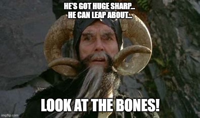 Look at the Bones! | HE'S GOT HUGE SHARP... 
HE CAN LEAP ABOUT... LOOK AT THE BONES! | image tagged in monty python and the holy grail,monty python | made w/ Imgflip meme maker