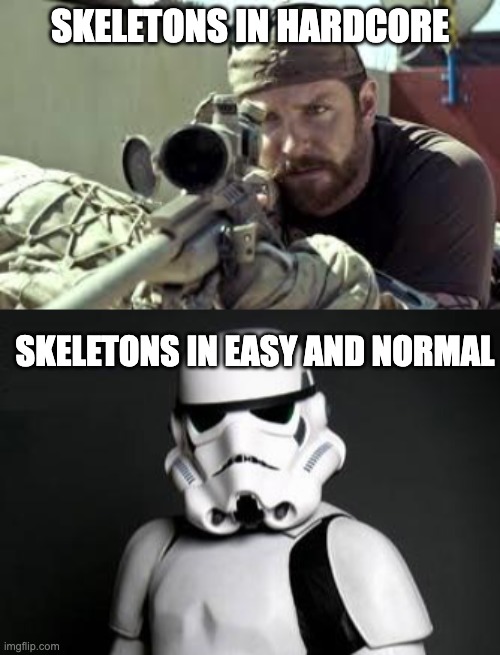 New template | SKELETONS IN HARDCORE; SKELETONS IN EASY AND NORMAL | image tagged in sniper / stormtrooper | made w/ Imgflip meme maker