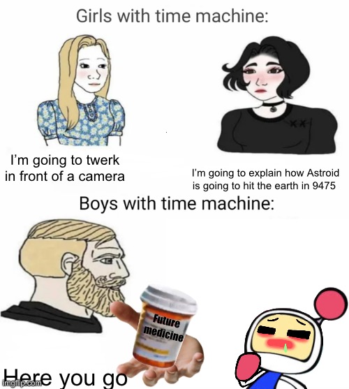 Time machine | I’m going to twerk in front of a camera I’m going to explain how Astroid is going to hit the earth in 9475 Here you go Future medicine | image tagged in time machine | made w/ Imgflip meme maker