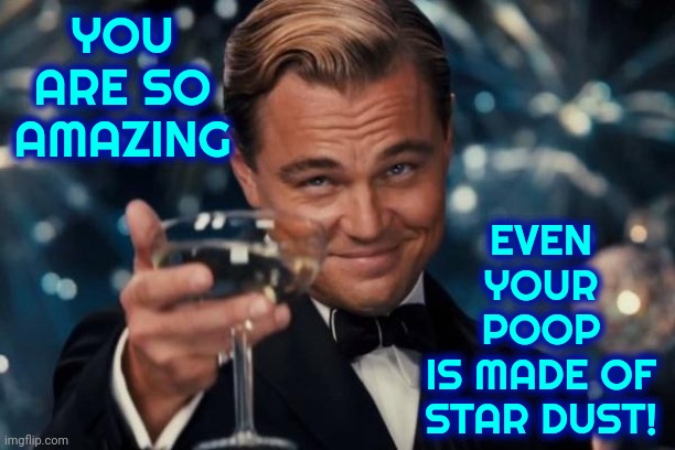 We're All Made Out Of Dust From The Stars | YOU ARE SO AMAZING; EVEN YOUR POOP
IS MADE OF STAR DUST! | image tagged in memes,leonardo dicaprio cheers,stardust,shooting stars,amazing,star dust | made w/ Imgflip meme maker