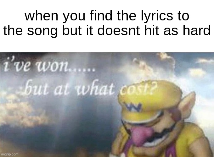 why |  when you find the lyrics to the song but it doesnt hit as hard | image tagged in ive won but at what cost,hurts | made w/ Imgflip meme maker